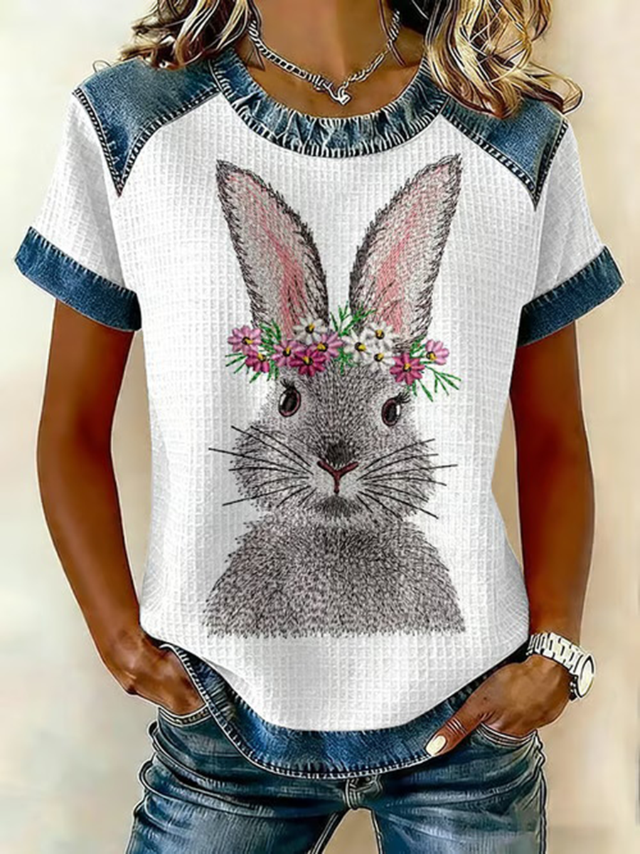 Schattige konijn print casual T-shirt voor dames