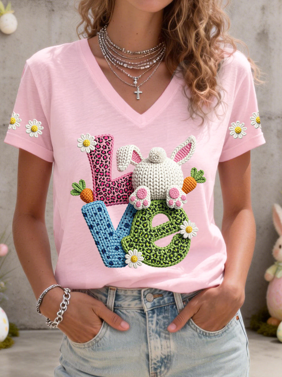 Vrouwen Schattige Bunny Patroon V-hals T-shirt