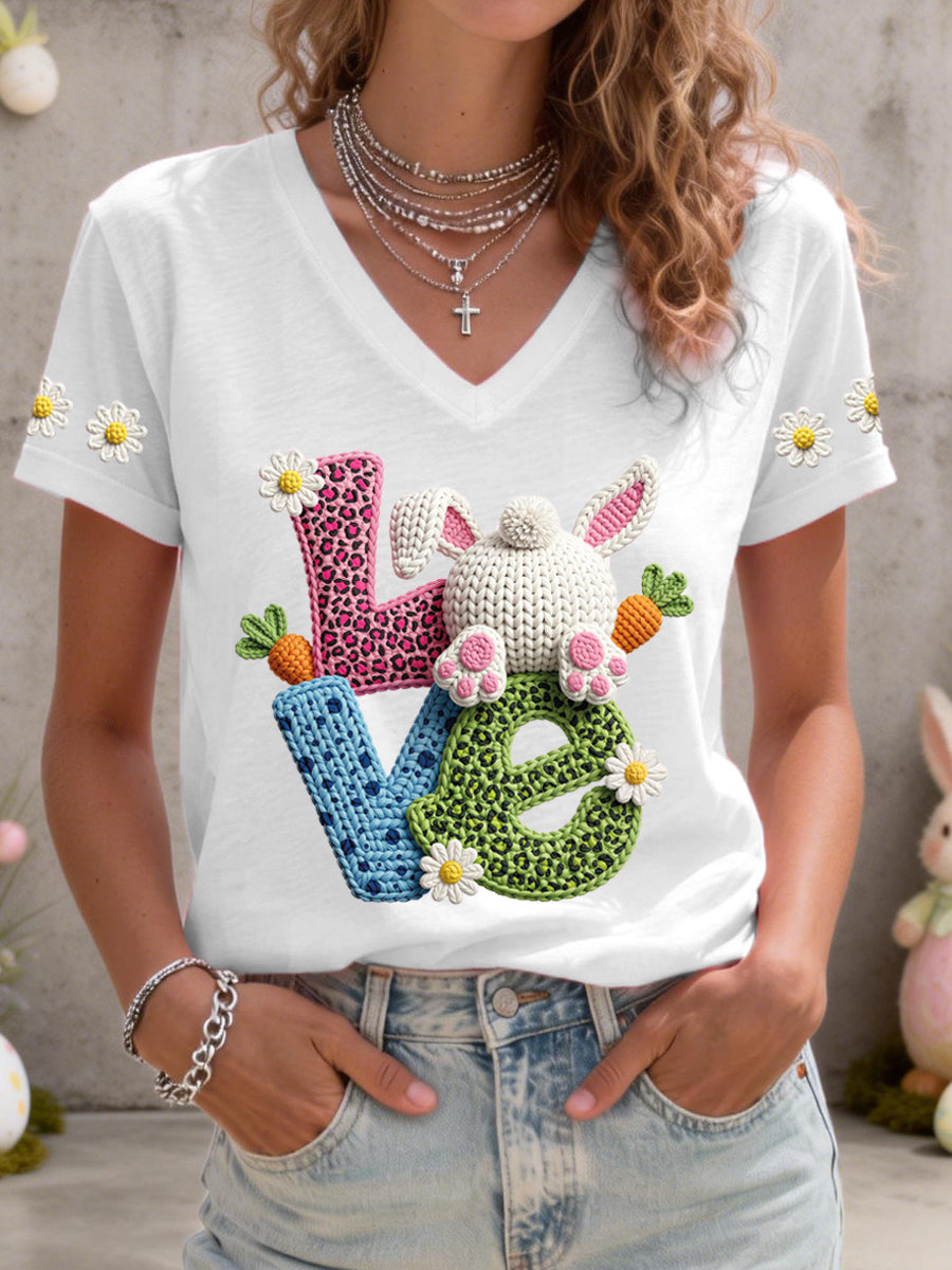 Vrouwen Schattige Bunny Patroon V-hals T-shirt