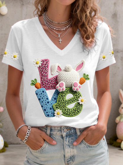 Vrouwen Schattige Bunny Patroon V-hals T-shirt