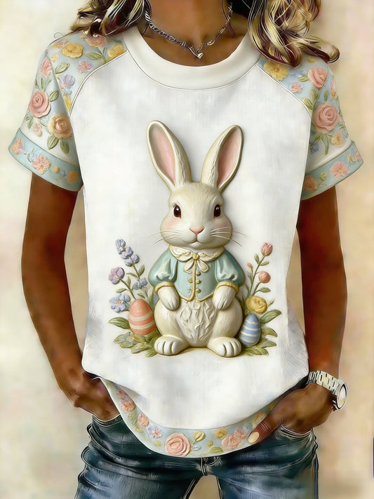 Dames Retro Schattige Bunny Paaskoneel T-shirt met korte mouwen