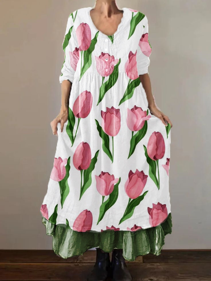 Dames tulpenplant bloem dubbellaags lange jurk