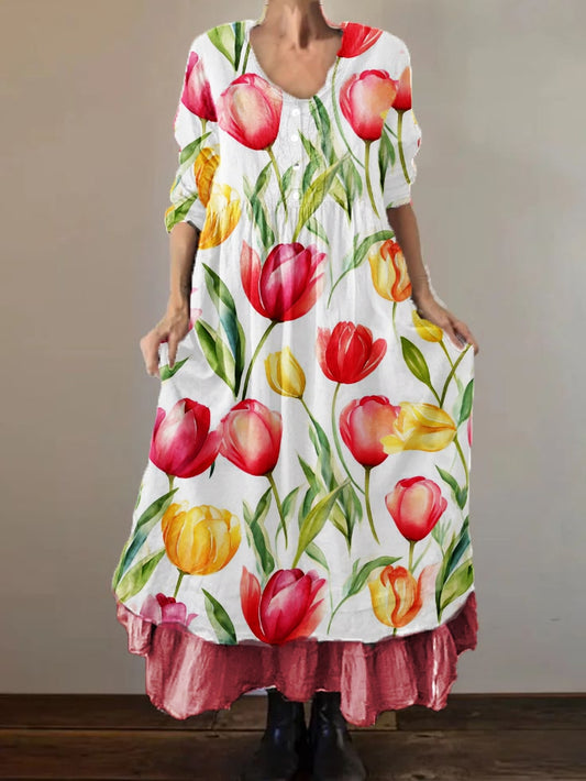 Dames tulpenplant bloem dubbellaags lange jurk