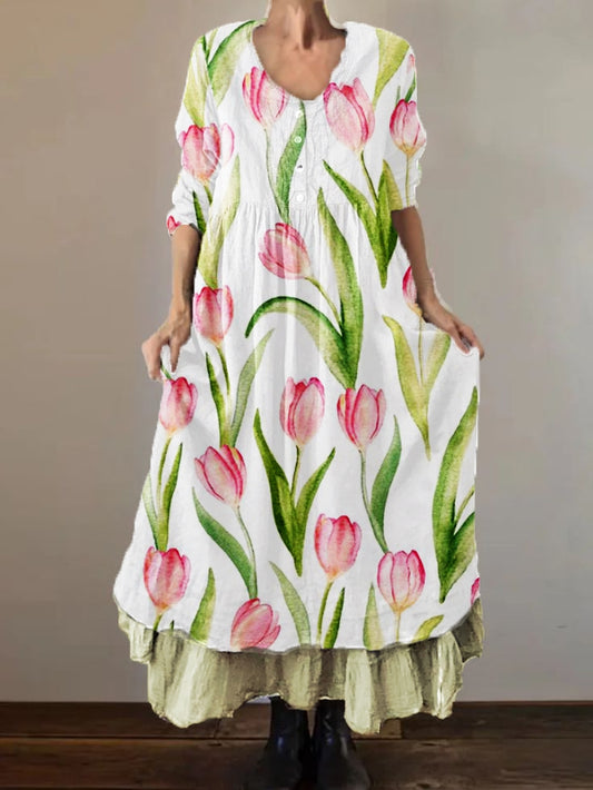 Dames tulpenplant bloem dubbelgelaagde lange jurk