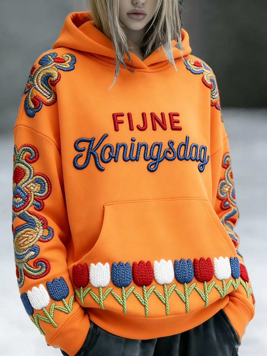 Women's Dutch Koningsdag Embroidered 3D-Printed Orange Hooded Sweatshirt