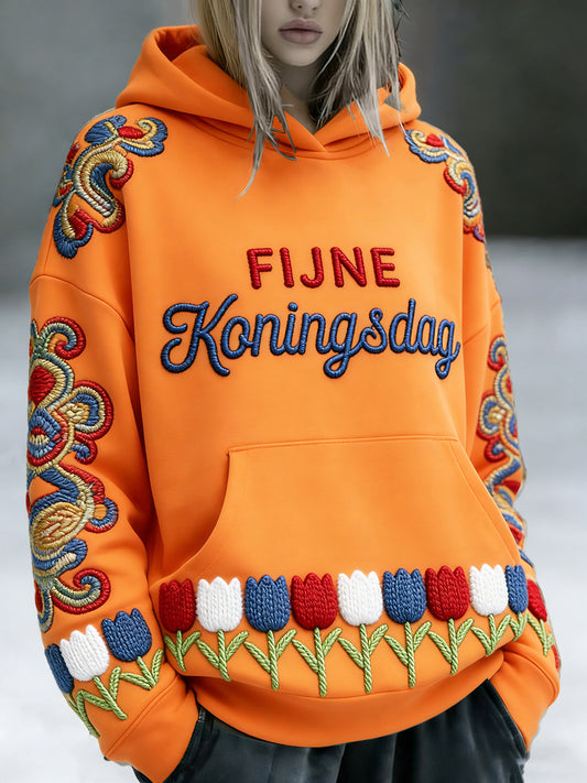 Women's Dutch Koningsdag Embroidered 3D-Printed Orange Hooded Sweatshirt