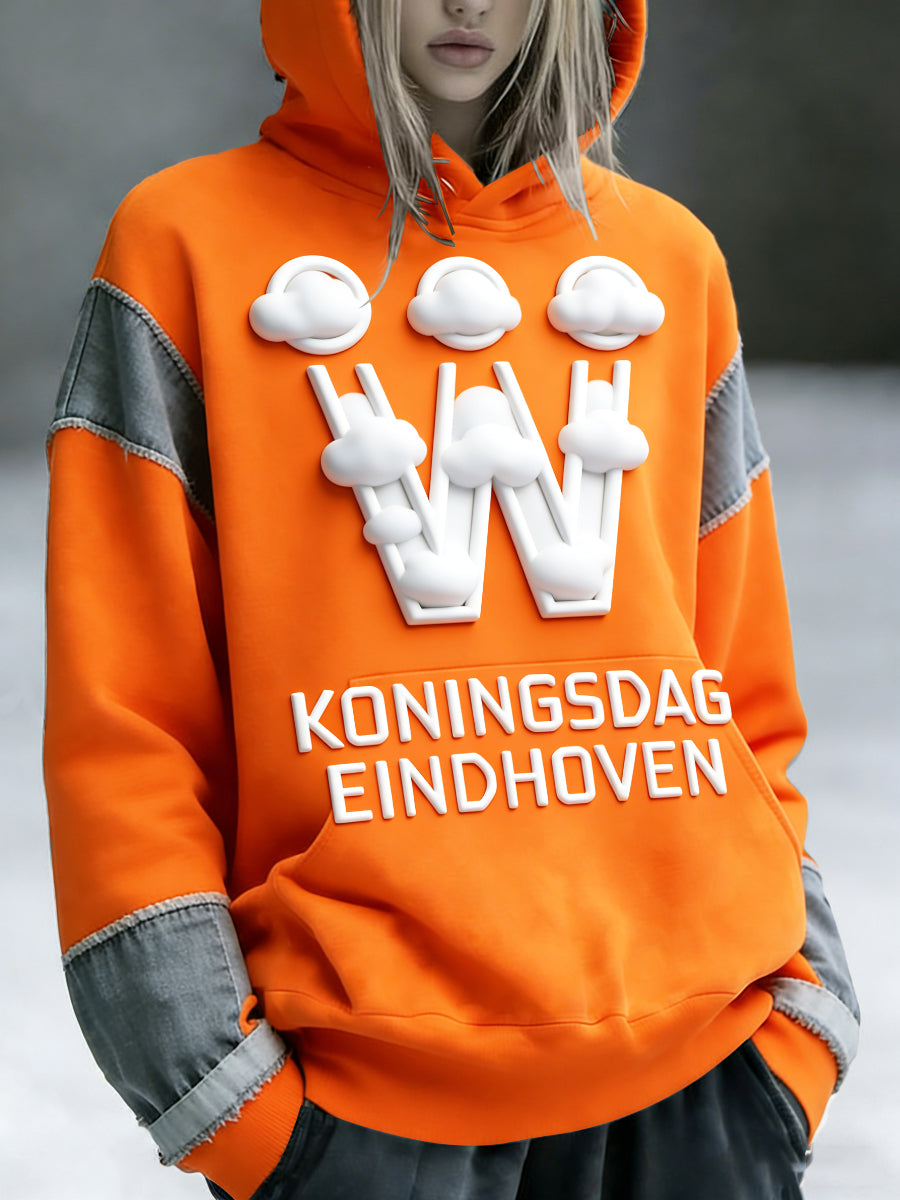 Women's Dutch Koningsdag Patchwork Print Orange Hooded Sweatshirt