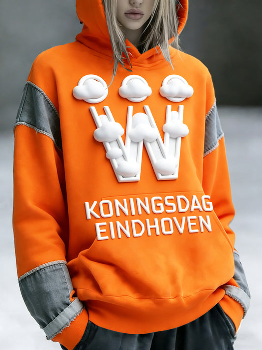 Women's Dutch Koningsdag Patchwork Print Orange Hooded Sweatshirt