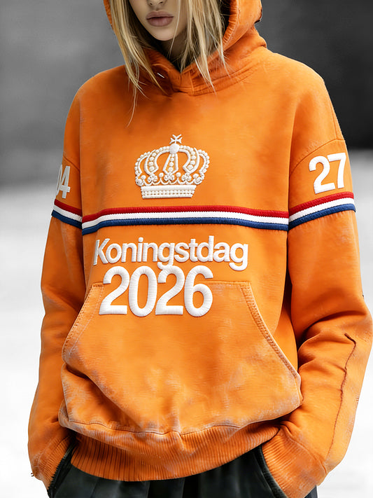 Women's Dutch Koningsdag 2026 Embroidered Print Casual Hooded Sweatshirt
