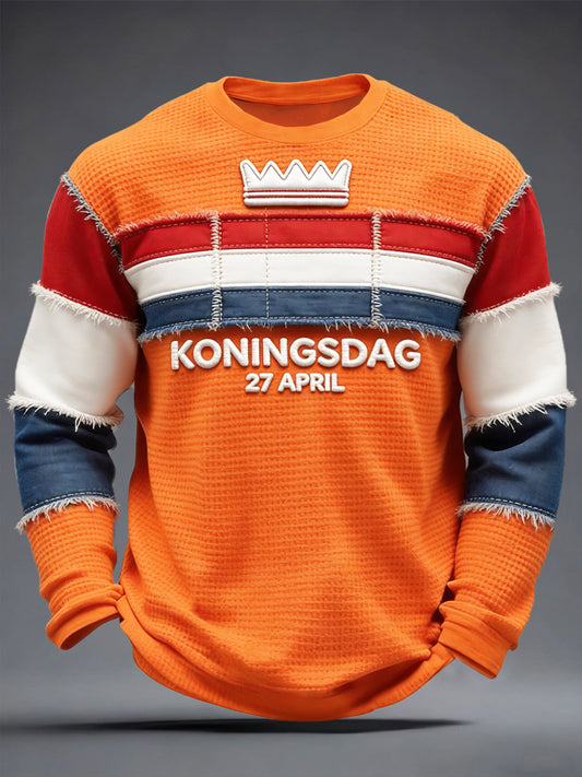 Heren Nederlandse Koningsdag 3D Patchwork Print Casual T-shirt met lange mouwen