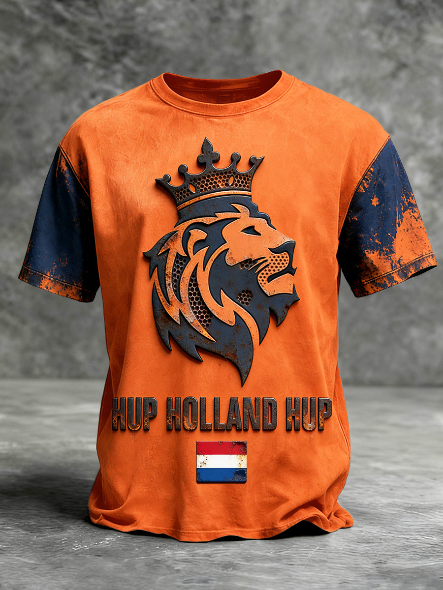 Heren Nederlandse Koningsdag Leeuw Patchwork Print Oranje Casual T-shirt