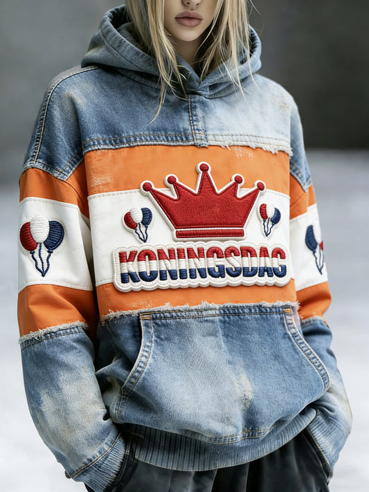 Dutch Koningsdag denim patchwork print vintage sweatshirt met capuchon