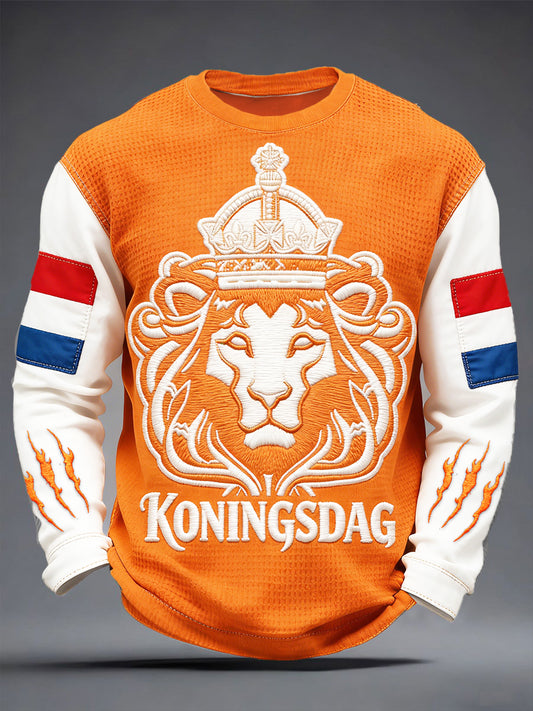 Heren Nederlandse Koningsdag Leeuwenprint Casual Waffle Weave T-shirt met lange mouwen