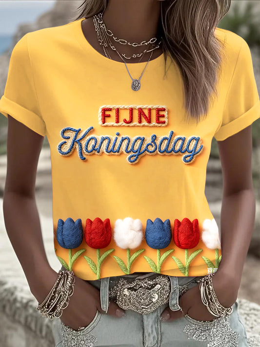 Dames Nederlandse Vlag Koningsdag 3D Bloemenprint Casual T-shirt