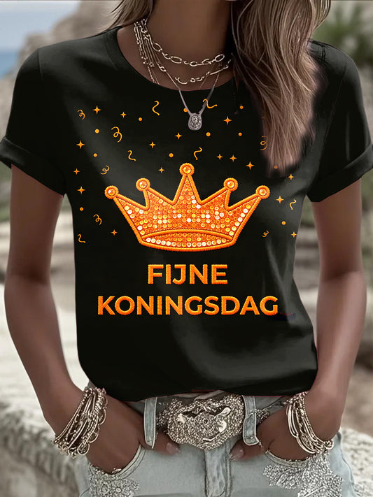 Dames Zwarte Nederlandse Koningsdag Reeks print Casua T-shirt