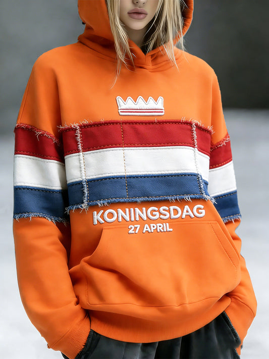 Dames Nederlandse Vlag Koningsdag Patchwork Print Casual Sweatshirt met capuchon