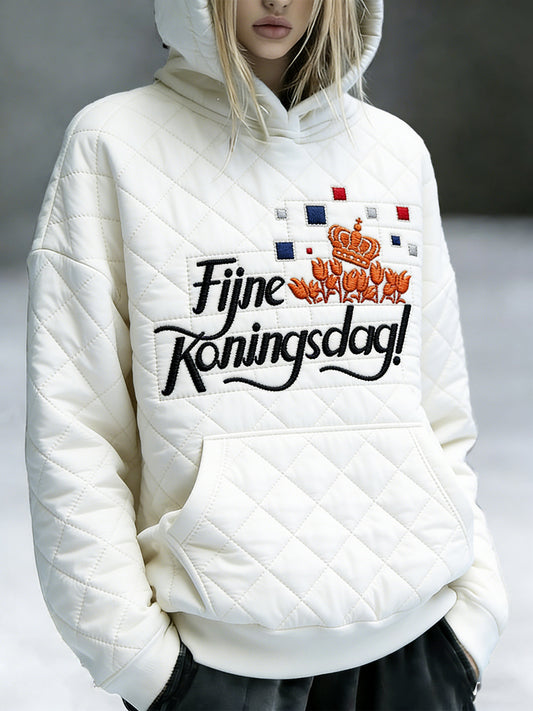 Dames witte Nederlandse Koningsdag met textuurprint casual sweatshirt met capuchon