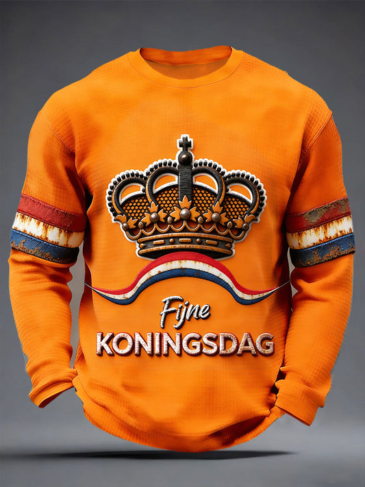 Heren Nederlandse Koningsdag Kroon Vintage Print Casual T-shirt met lange mouwen