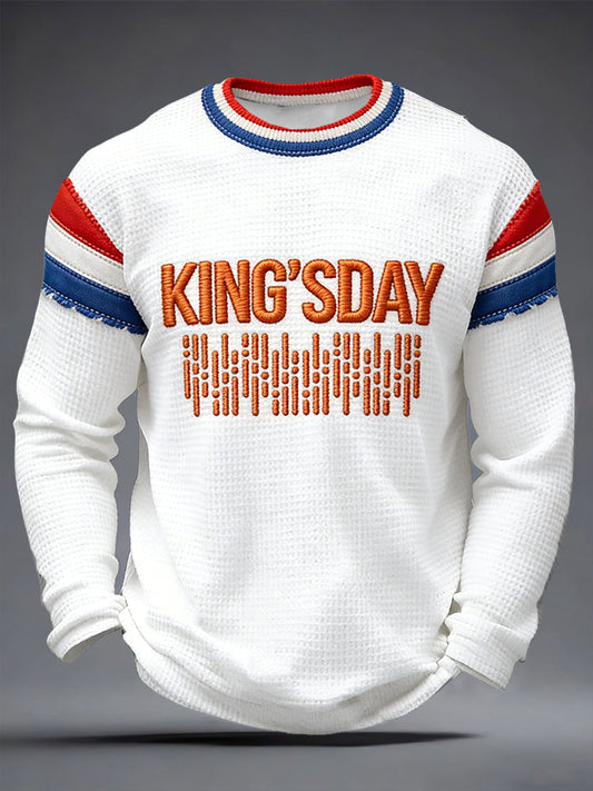 Nederlandse Vlag voor Heren Koningsdag Patchwork Print Waffle Weave T-shirt met lange mouwen