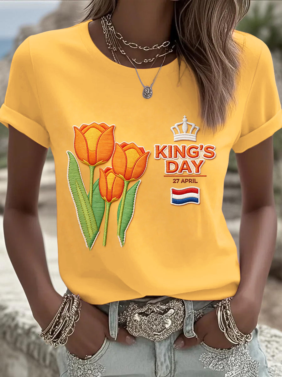 Dames Nederlandse Koningsdag Geborduurde Geborduurde Print Casual T-shirt
