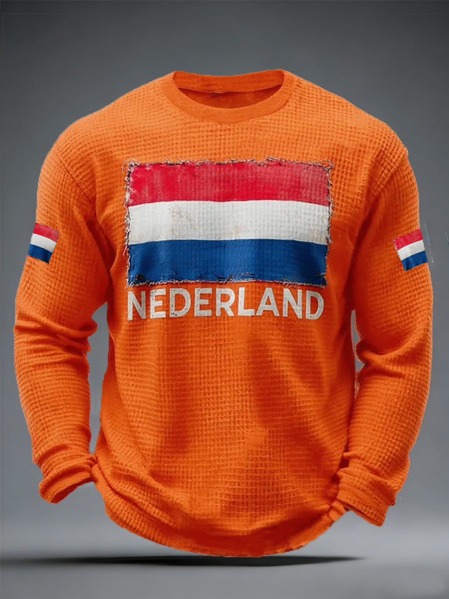 Heren Nederland Vlag Print Casual Wafel Lange Mouw T-shirt