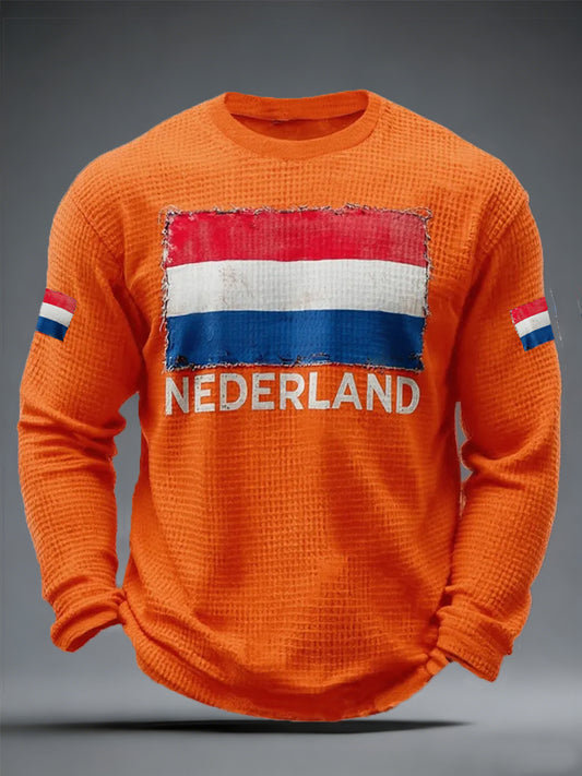 Heren Nederland Vlag Print Casual Wafel Lange Mouw T-shirt