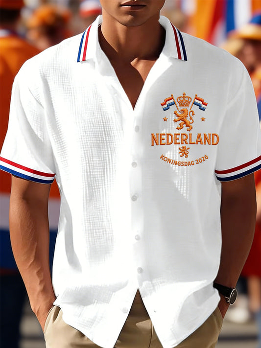 Heren Nederlandse vlagprint Koningsdag casual wafelshirt
