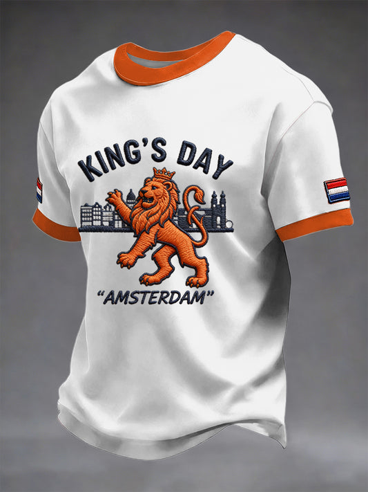 Retro Nederlandse Koningsdag Leeuw Patchwork Casual T-shirt