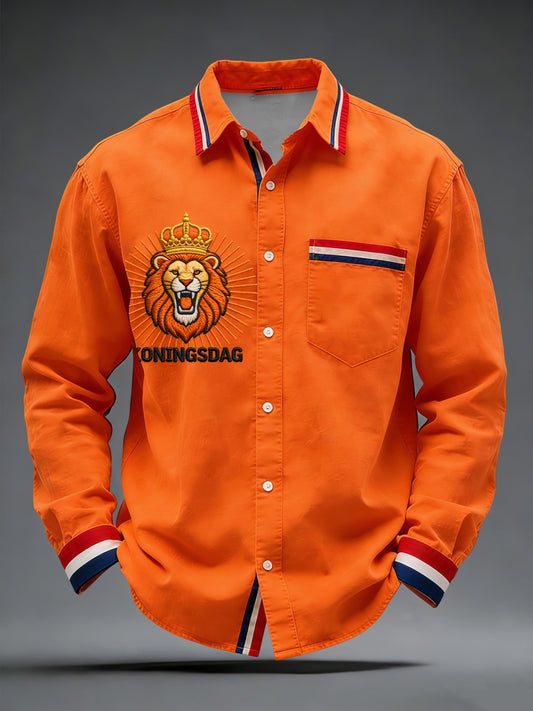Retro Nederlandse Koningsdag Leeuw Embleem Casual Shirt