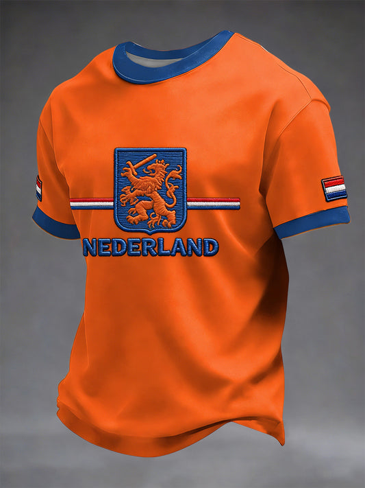 Retro Nederlandse Koningsdag Leeuw Embleem Patchwork Casual T-shirt