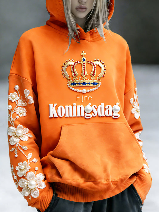 Nederlandse Koningsdag parelmoer bloemenprint casual sweatshirt met capuchon