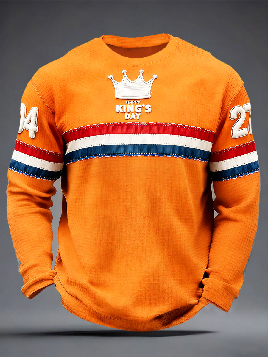 Heren Nederlandse Vlag Koningsdag Print Oranje Casual Waffle Weave T-shirt met lange mouwen