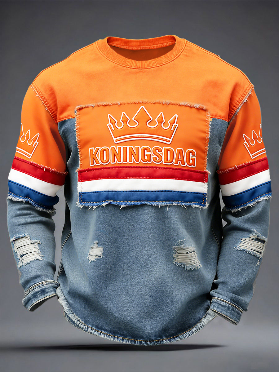 Heren Duitse Koningsdag denim patchwork print T-shirt met lange mouwen