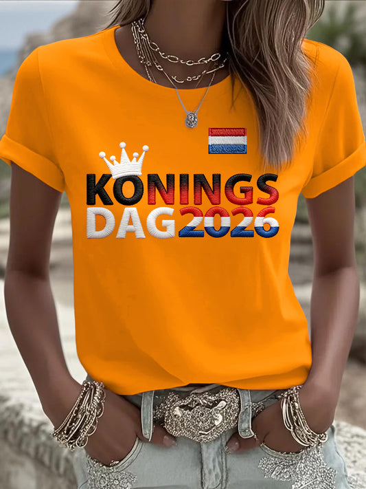 Dames Nederlandse 2026 Koningsdag Geborduurde Print Oranje Casual T-shirt