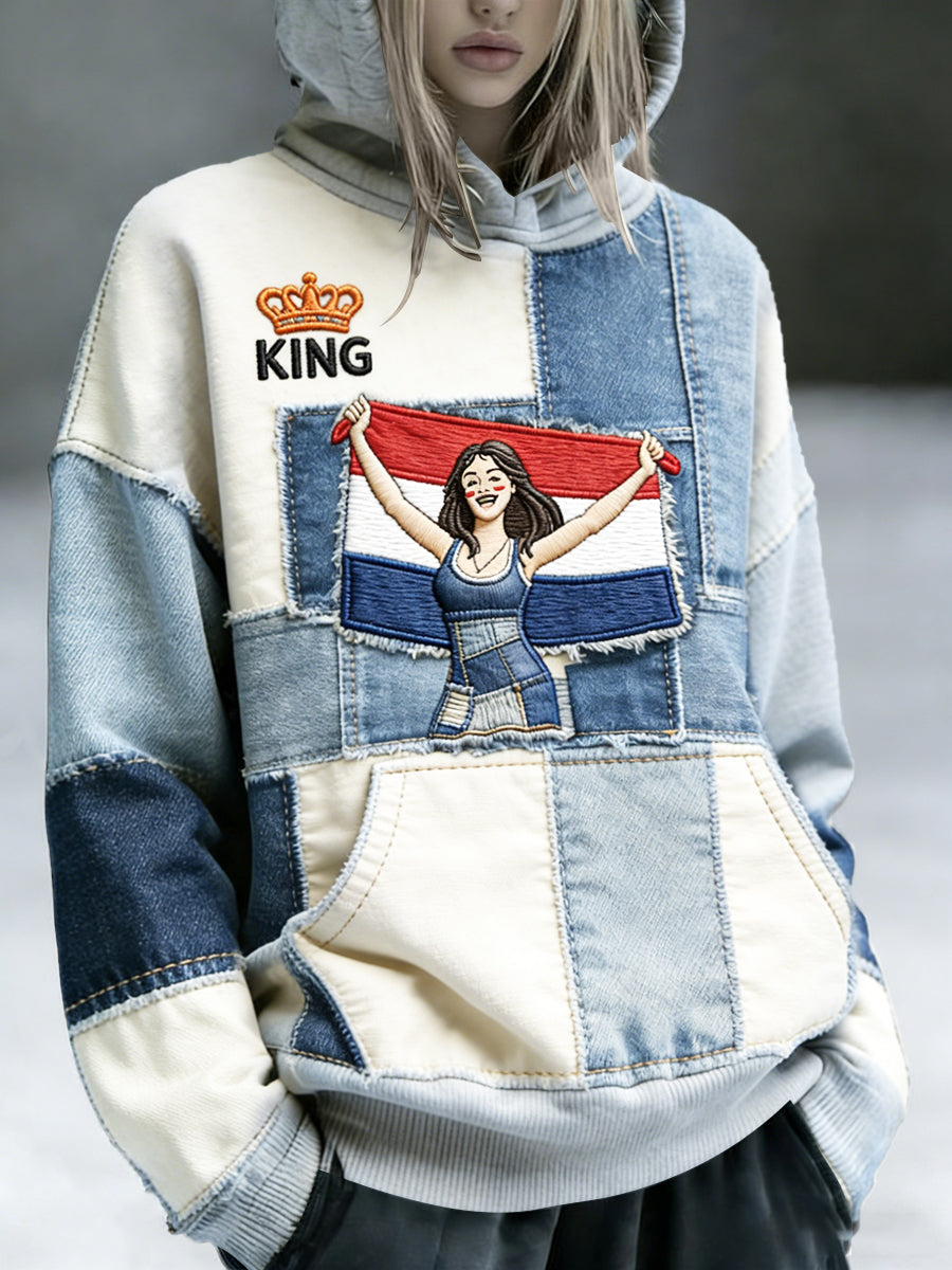 Dames Nederlandse Vlag Koningsdag Denim Patchwork Print Sweatshirt met capuchon