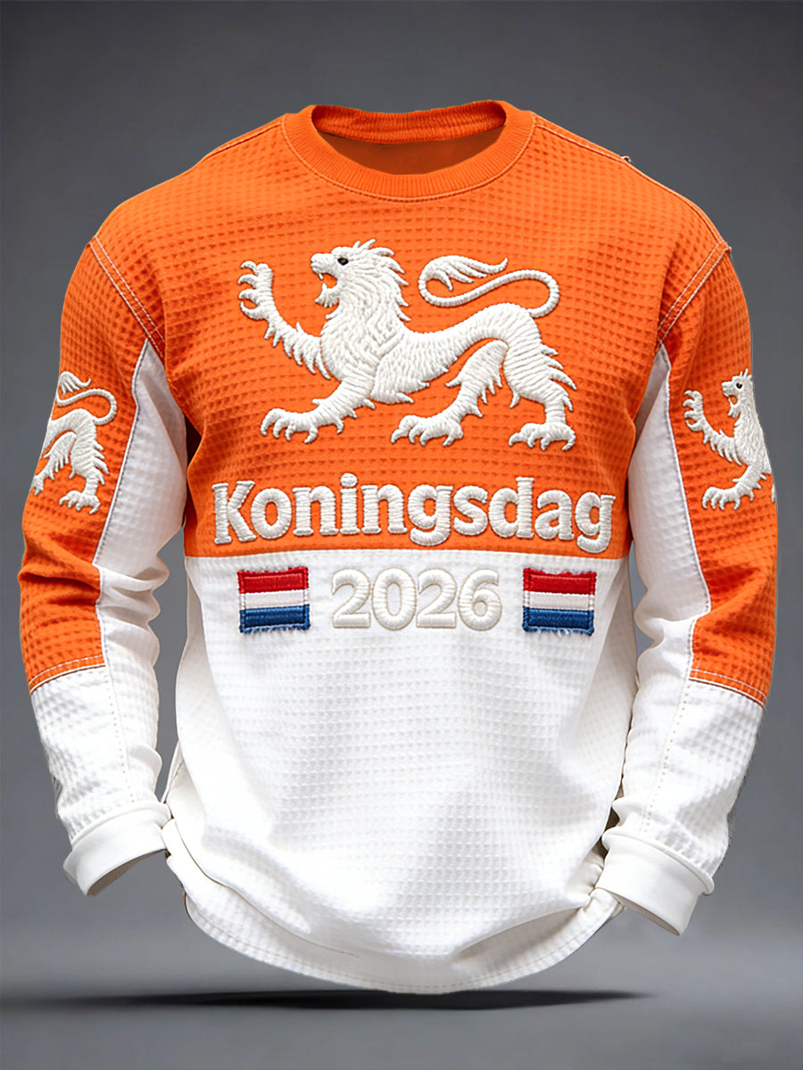 Nederlandse heren 2026 Koningsdag patchwork print T-shirt met lange mouwen
