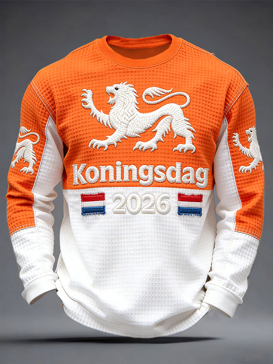 Nederlandse heren 2026 Koningsdag patchwork print T-shirt met lange mouwen