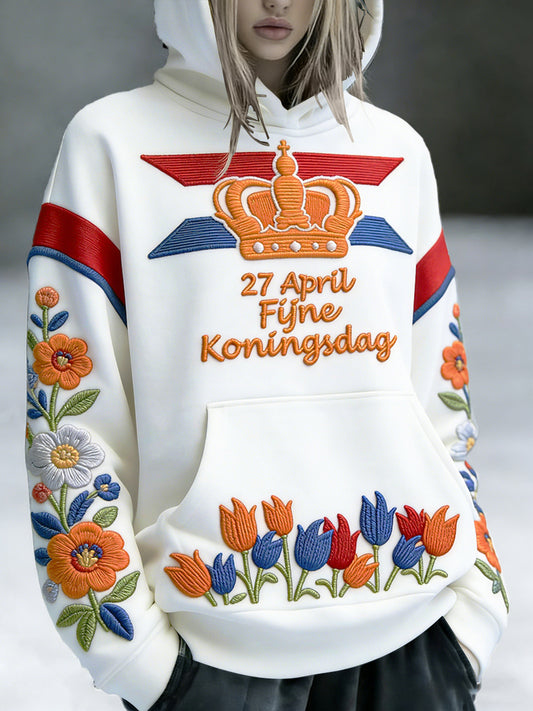 Nederlandse Koningsdag geborduurde bloemenprint wit casual sweatshirt met capuchon