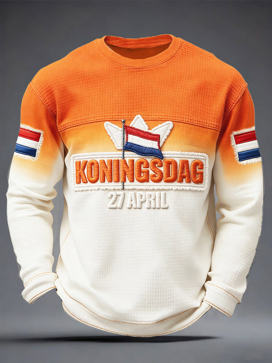 Heren Nederlandse Koningsdag gradiënt patchwork print wafel geweven T-shirt met lange mouwen