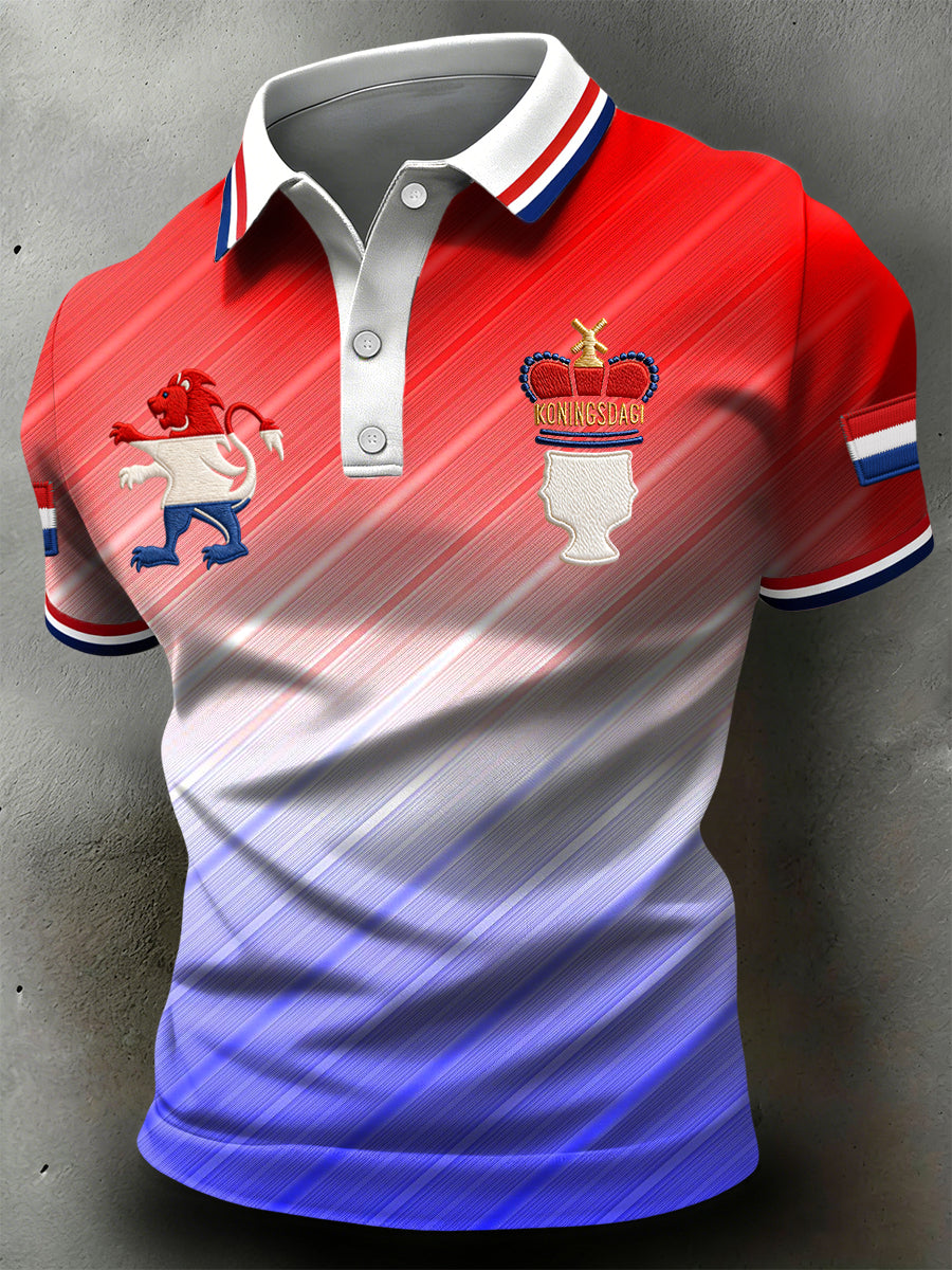 Retro Nederlandse Koningsdag Gradiënt Gestreept Casual Poloshirt