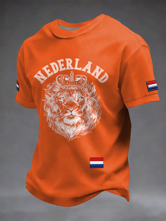 Retro Nederlandse Koningsdag Leeuw Emblem Kunst Casual T-shirt