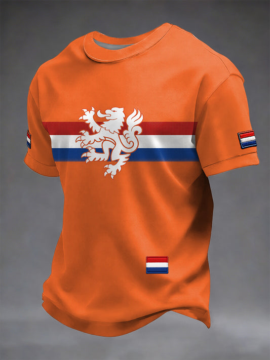 Retro Nederlandse Koningsdag Vlag Badge Kunst Casual T-shirt