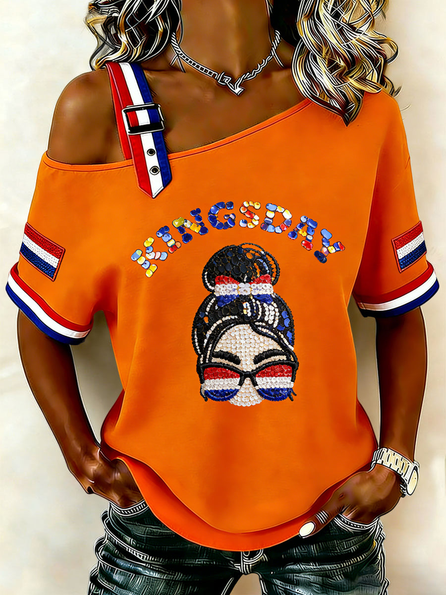 Dames Vintage Nederlandse Koningsdag Patchwork Casual T-shirt