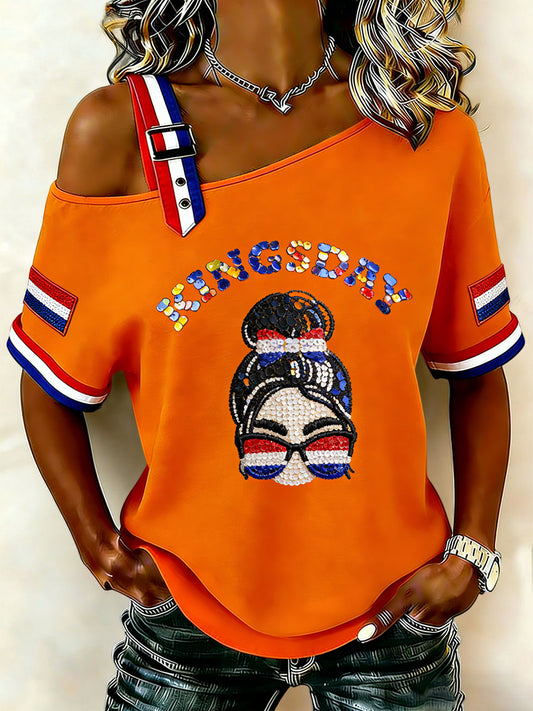 Dames Vintage Nederlandse Koningsdag Patchwork Casual T-shirt