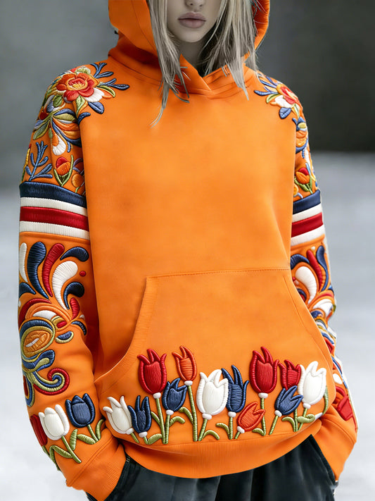 Dames Nederlandse Vlag Patchwork Koningsdag Bloemenprint Oranje Sweatshirt met capuchon
