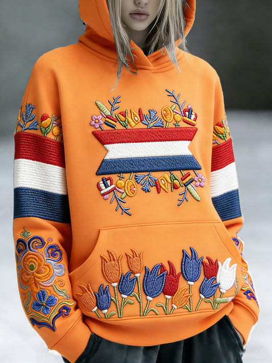 Dames Nederlandse Vlag Koningsdag Bloemen 3D Print Casual Sweatshirt met capuchon