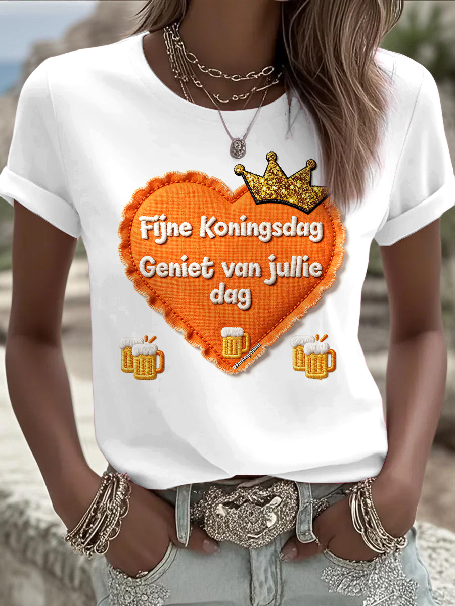 Dames Wit Nederlandse Koningsdag Hart 3D Print Casual T-shirt