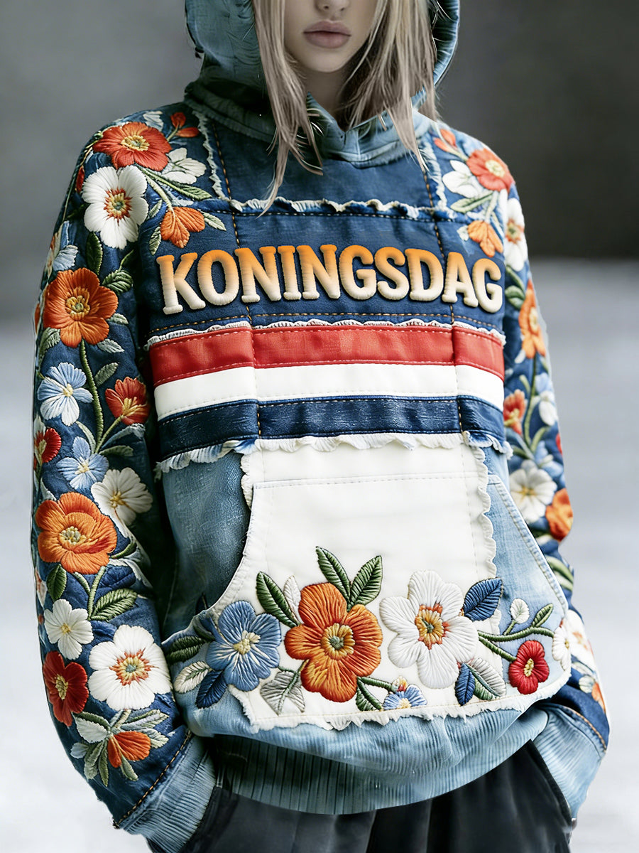 Dames Koningsdag bloemenprint denim patchwork vintage hoodie met capuchon