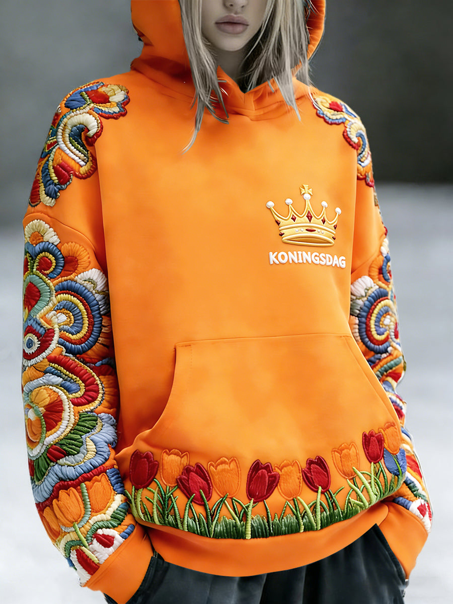 Dutch Koningsdag geborduurd bloemenprint sweatshirt met capuchon
