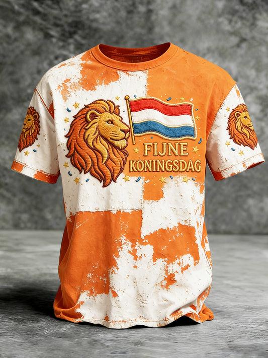 Heren Nederlandse Koningsdag Leeuw Geborduurd Vintage Print Casual T-shirt